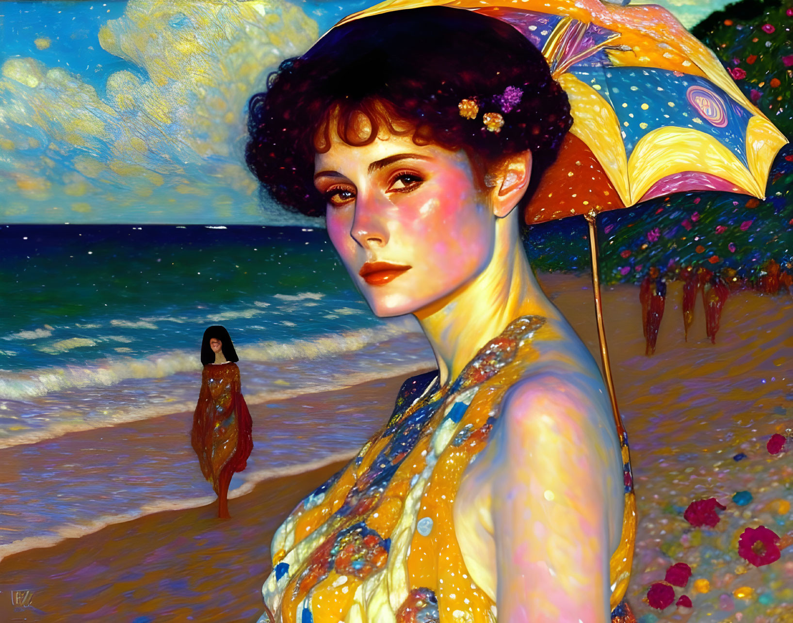 Portrait of woman in golden dress with parasol on vibrant beach