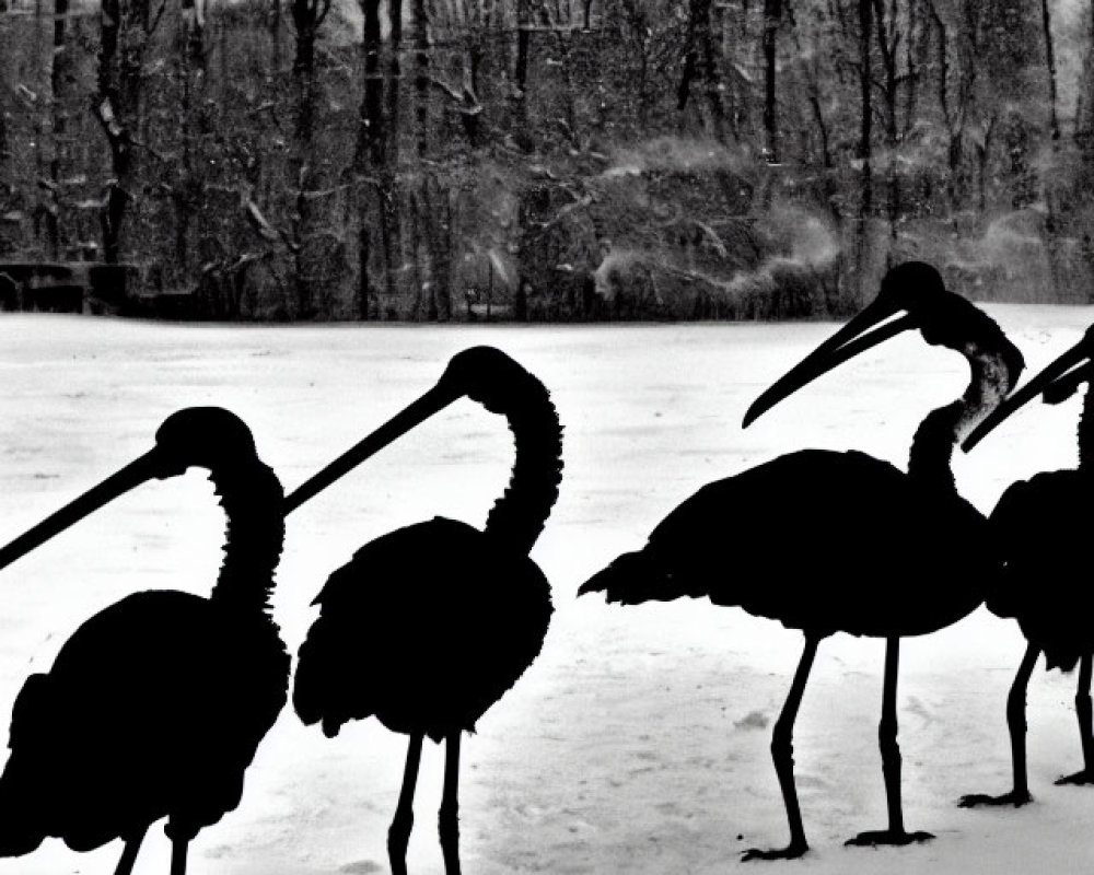 Three bird silhouettes on snow with leafless trees and grey sky