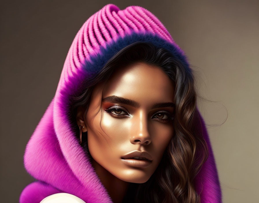 Woman with Striking Makeup and Pink Knit Hat