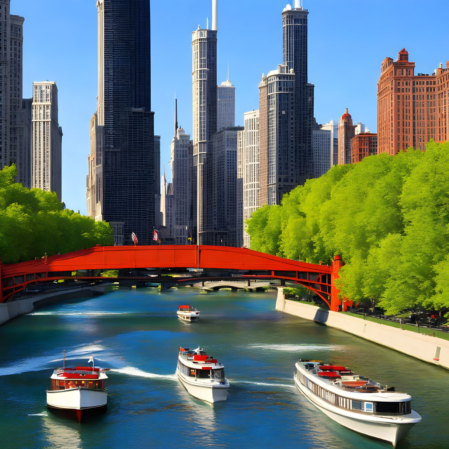 Cityscape with skyscrapers, red bridge, boats on a sunny day