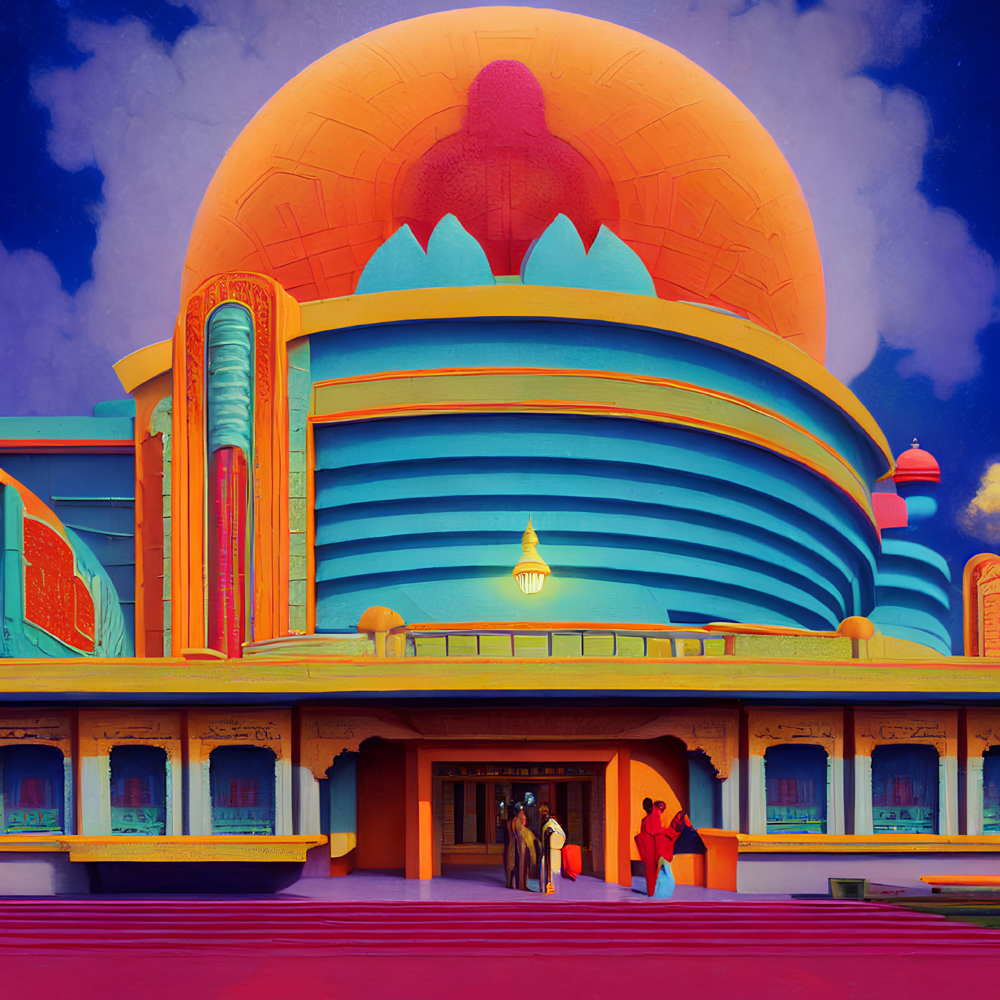 Colorful Art Deco Theater Scene with People under Surreal Sky