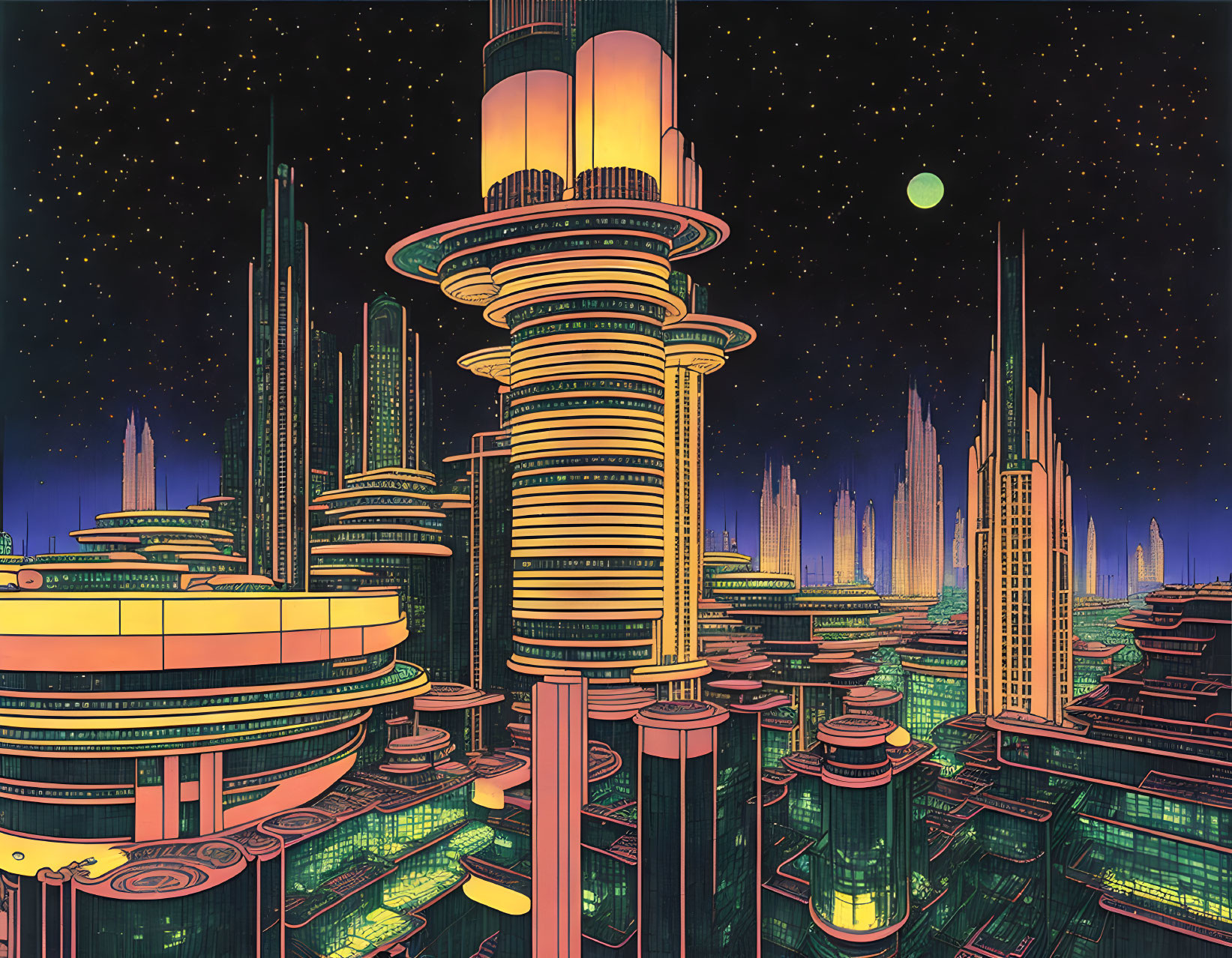 Layered retro-futuristic cityscape with cylindrical skyscrapers in vibrant yellow and pink hues under