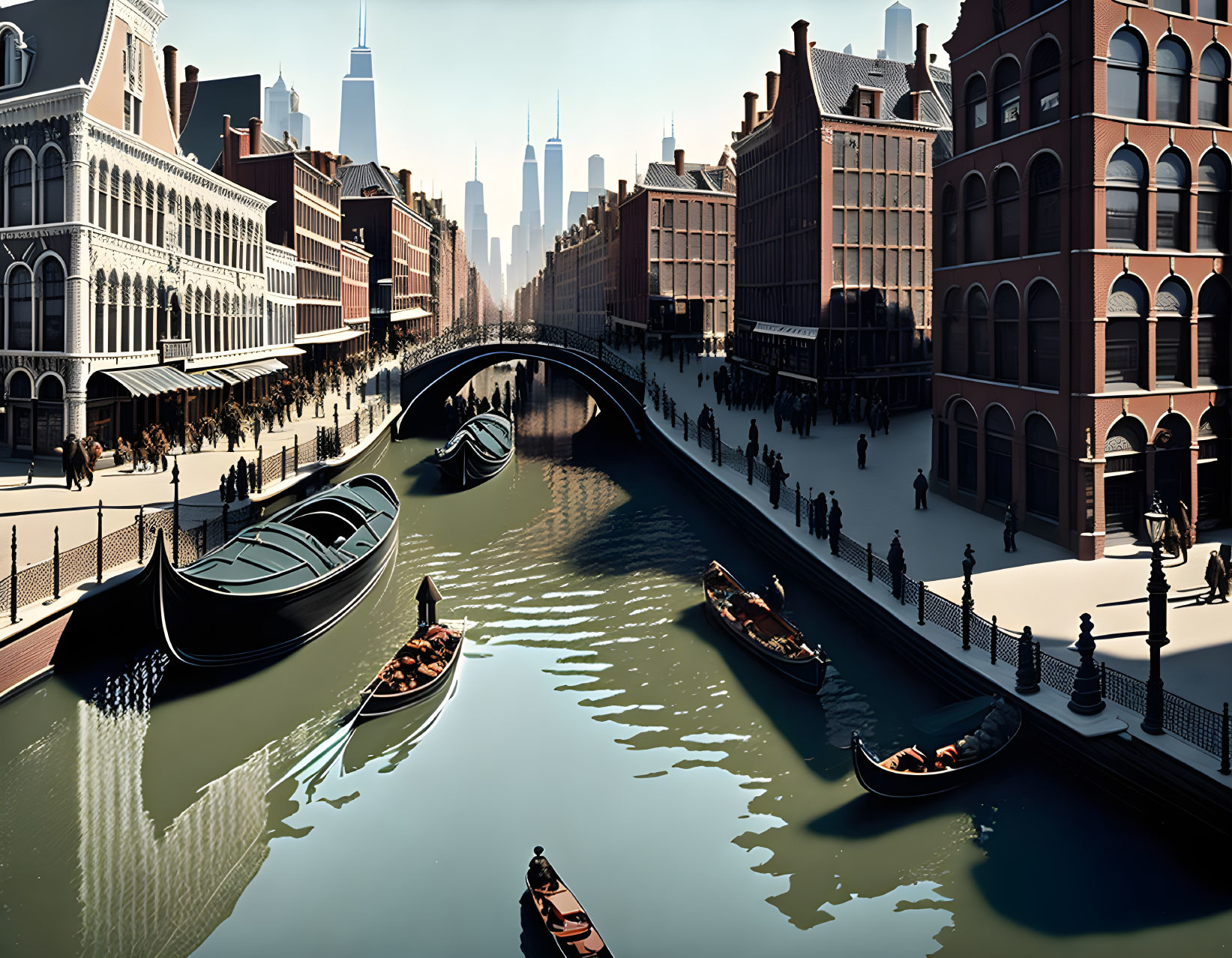 Stylized urban canal scene with gondolas and historic buildings