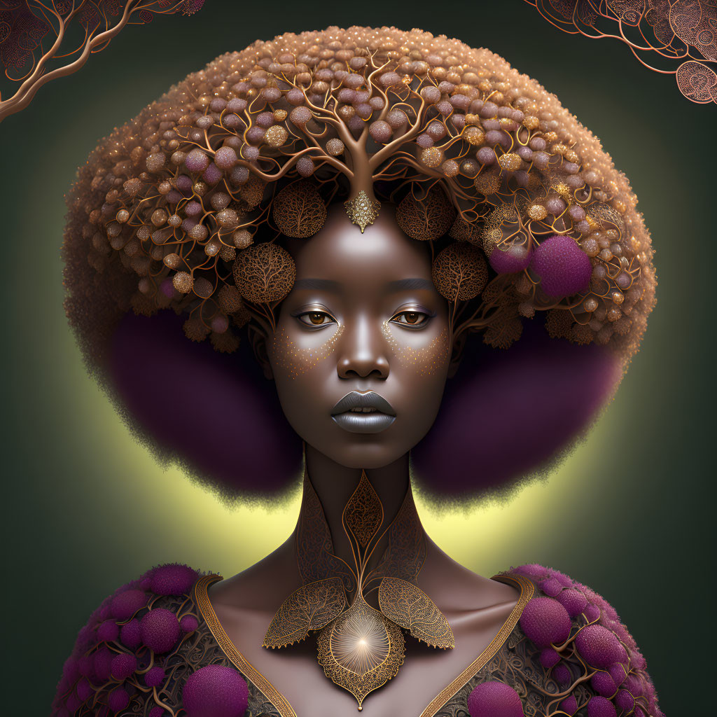 Digital artwork of woman with tree-like hair and golden foliage in mystical aura.