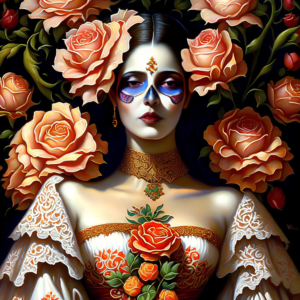 Digital Artwork: Woman with Rose Motifs and Ornate Choker