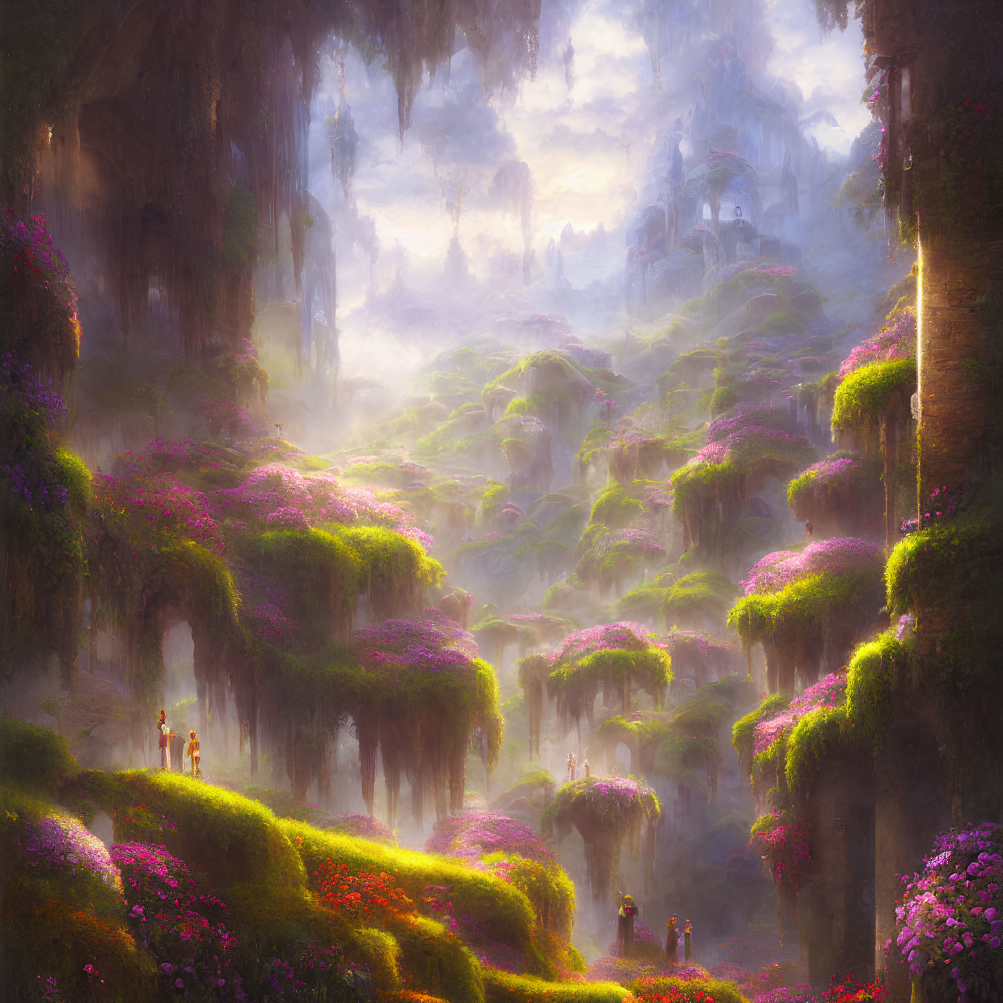 Lush Green Forest with Pink Flowers and Ethereal Light