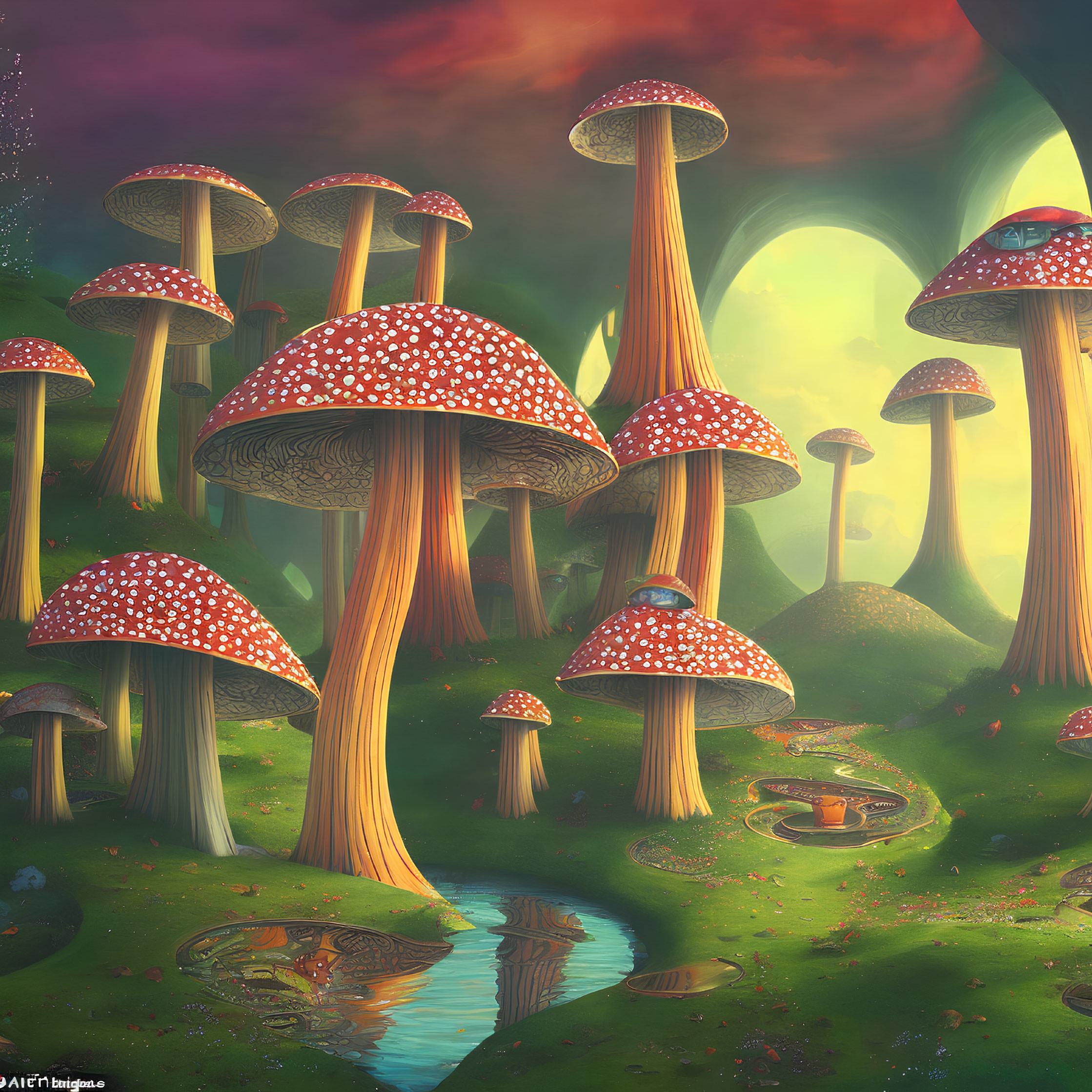 Enchanted forest with oversized red-capped mushrooms and surreal lighting