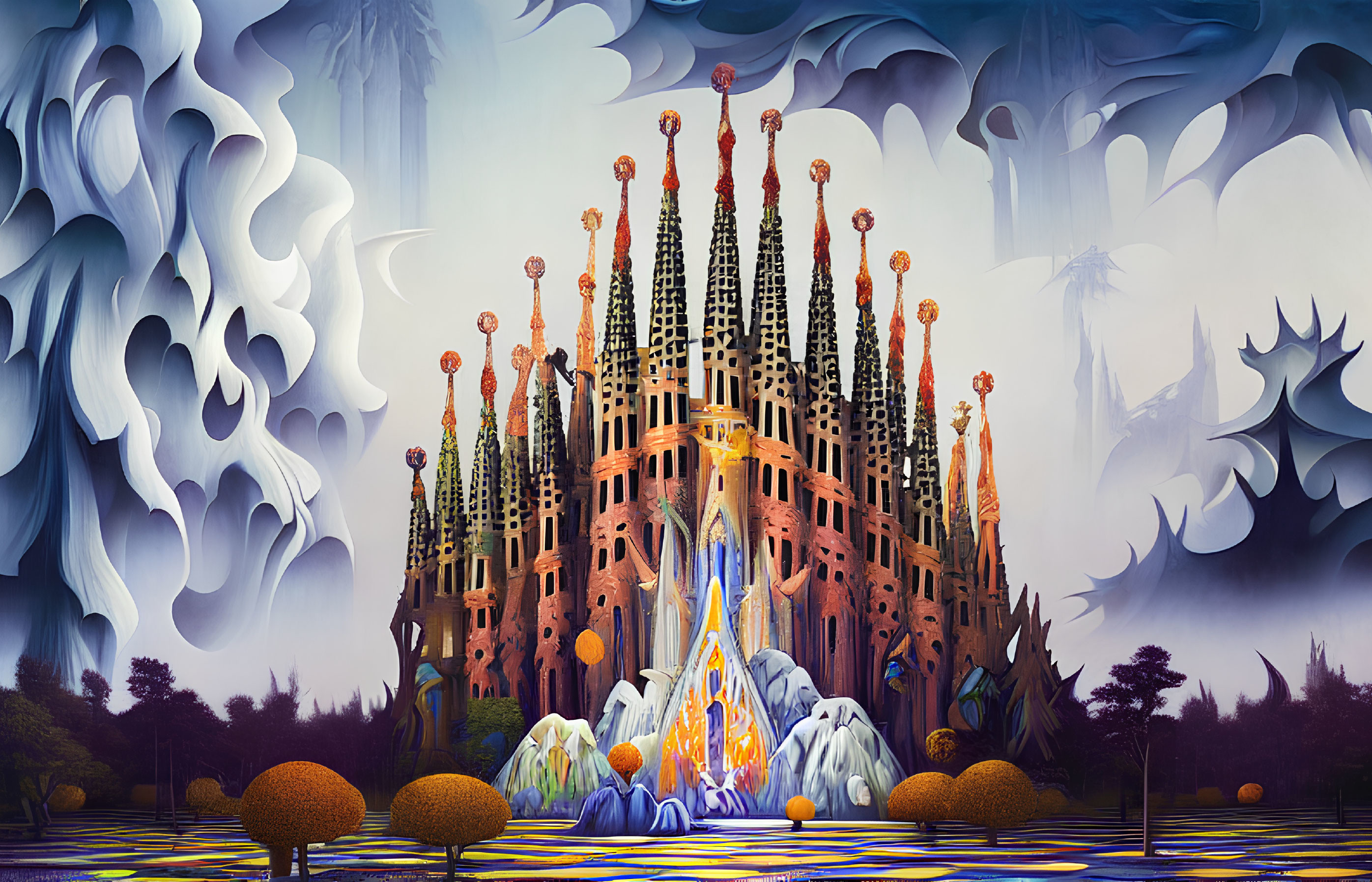 Colorful surreal artwork of Sagrada Família in ethereal setting