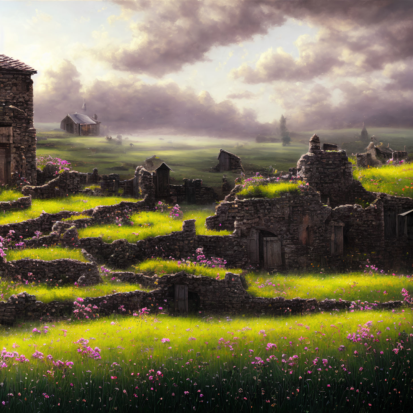 Abandoned stone buildings reclaimed by nature under dramatic sky