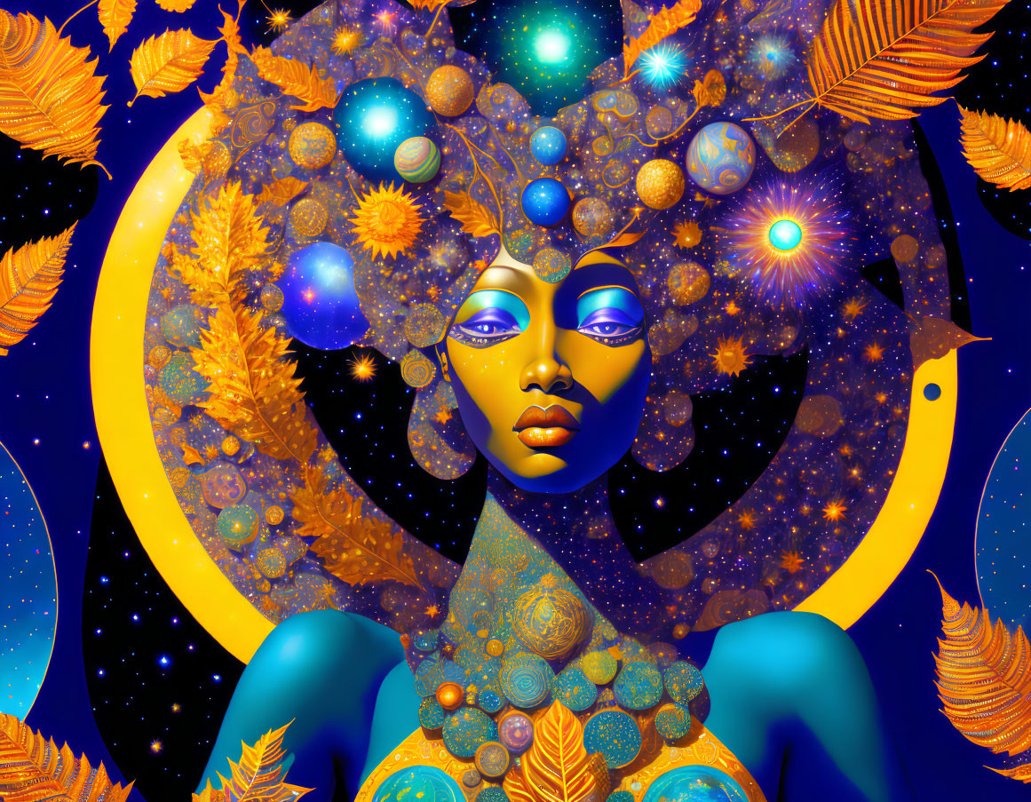 Vibrant cosmic female entity with celestial body and night sky backdrop