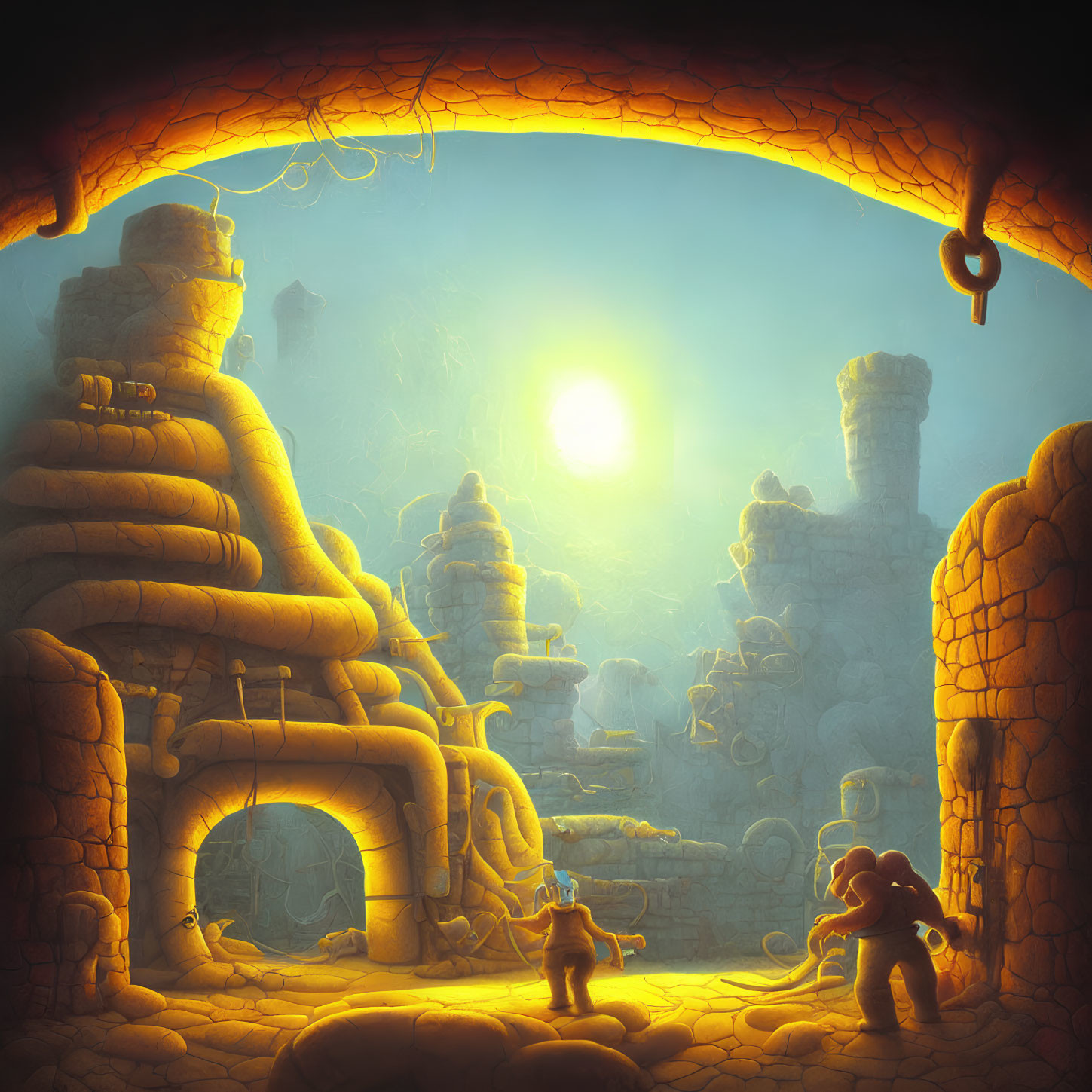 Luminescent cavern with beehive-like structures and figures in glowing atmosphere