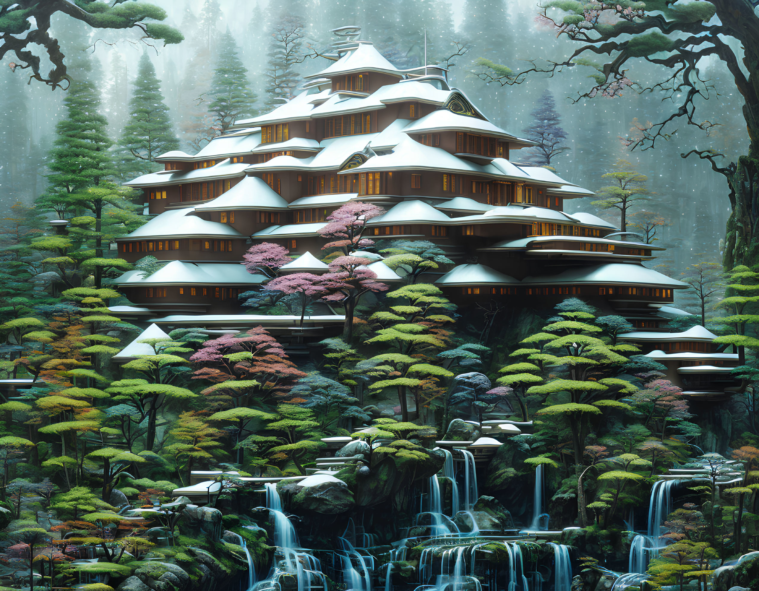 Pagoda-style Building in Forest with Waterfalls and Mist