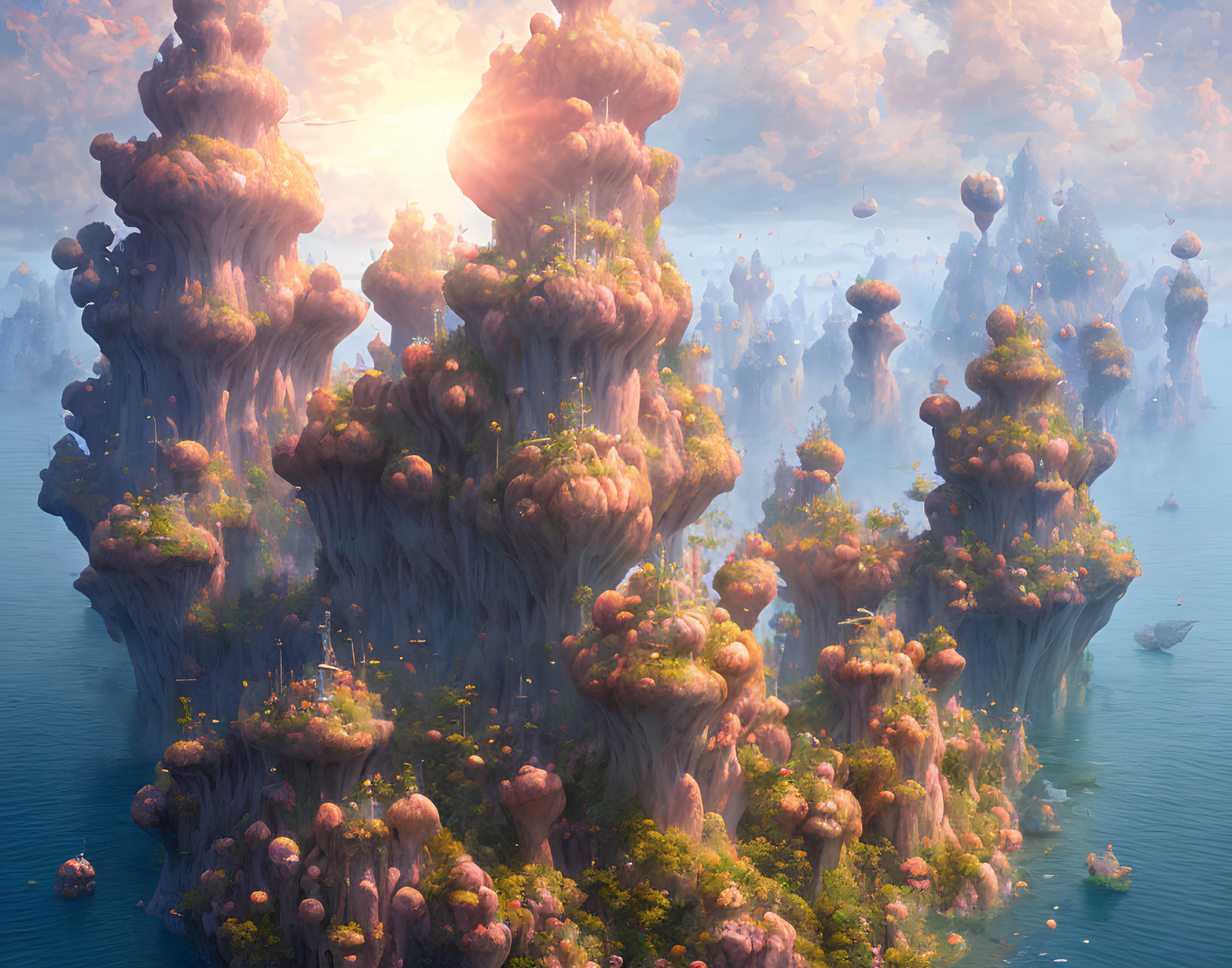 Lush vegetation on mystical floating islands under warm sunlight