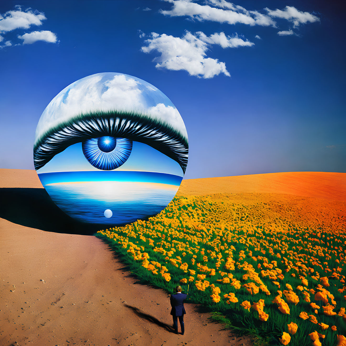 Person with umbrella in orange flower field near giant eye with seascape - surreal art.