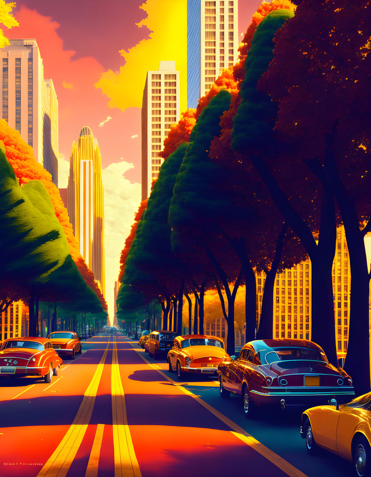 Sunset-lit street with skyscrapers, vintage cars, and autumn trees