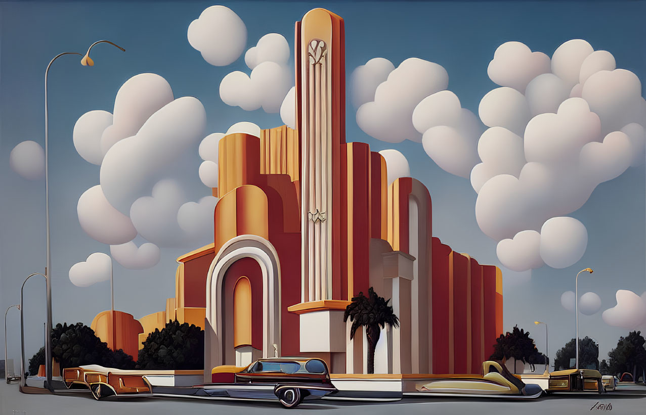 Art Deco theater painting with vintage cars under cloud-filled sky