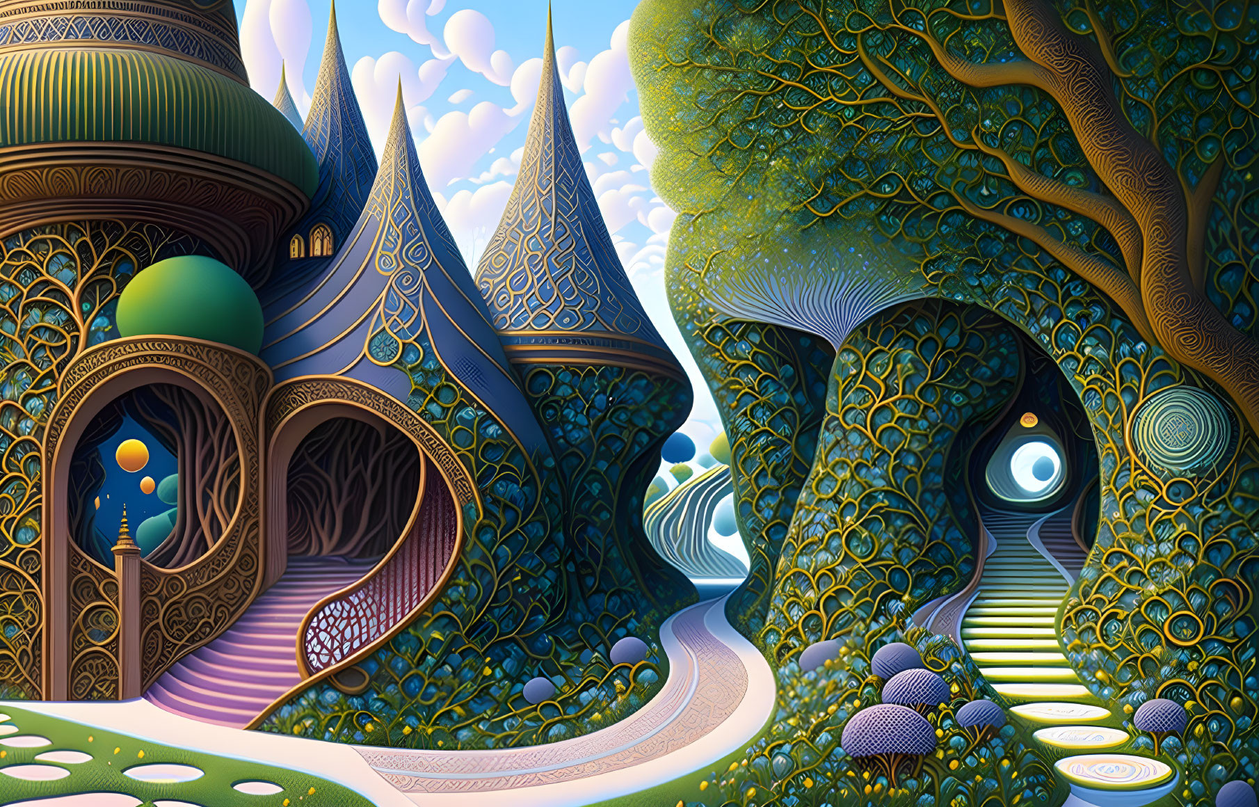 Fantastical landscape with dome-roofed structures and glowing tunnel