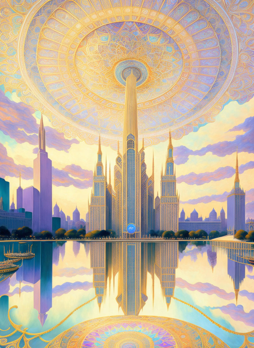 Fantastical cityscape with towering spires and ornate building reflected in water