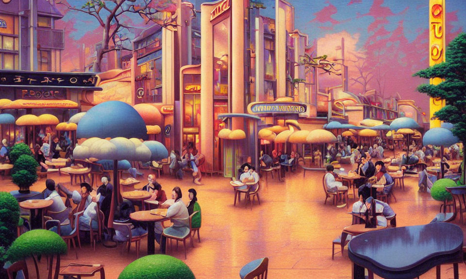 Colorful urban street scene with outdoor cafes and neon signs