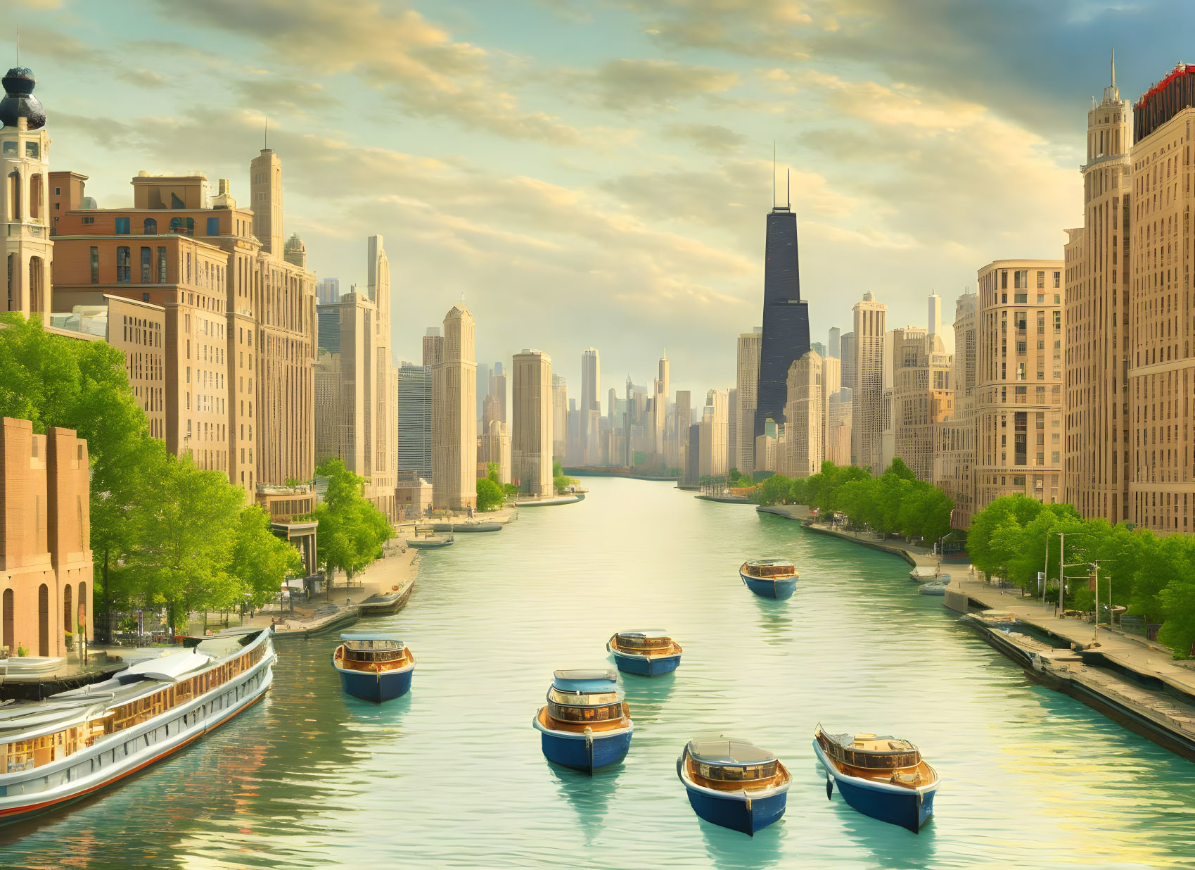 River boats amid skyscrapers and classic architecture at sunset