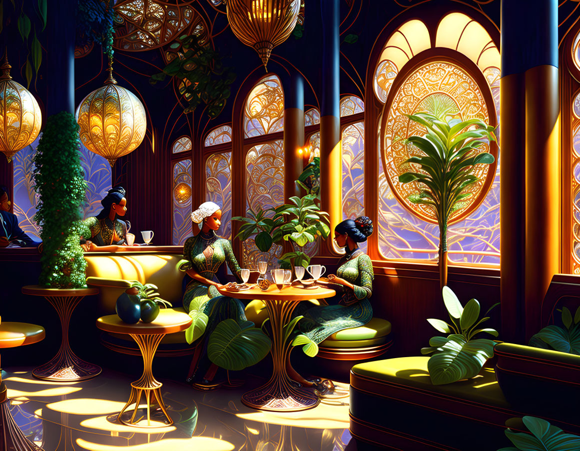 Art Nouveau-style Cafe Interior with Warm Lighting and Lush Greenery