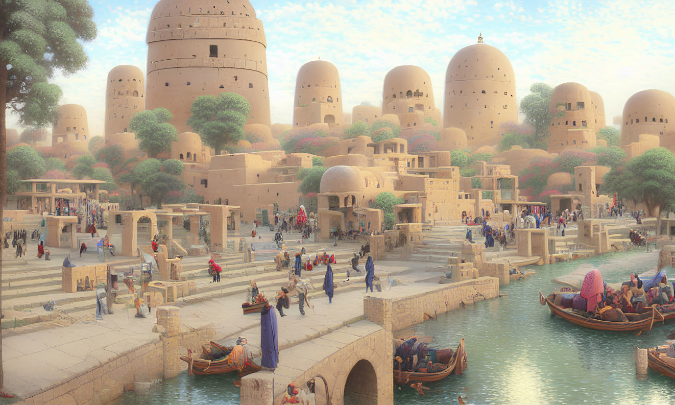 Ancient cityscape with round buildings, traditional attire, bridges, and boats