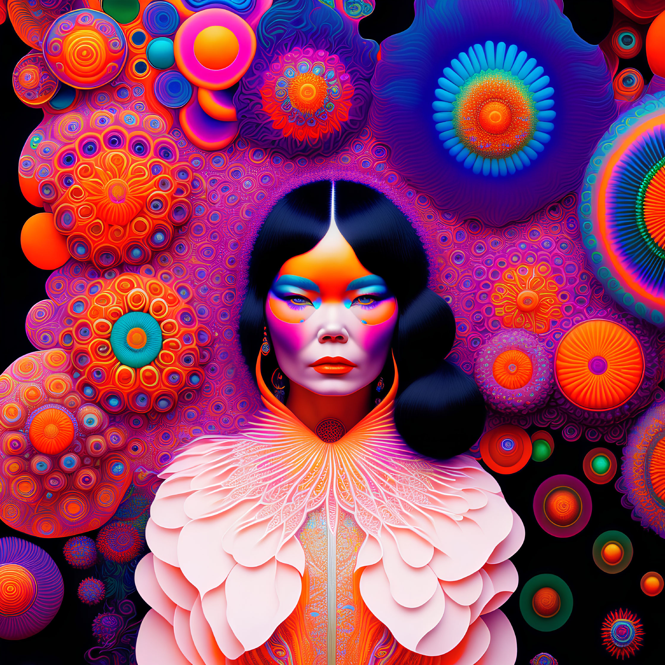 Colorful Psychedelic Woman Portrait with Floral Patterns