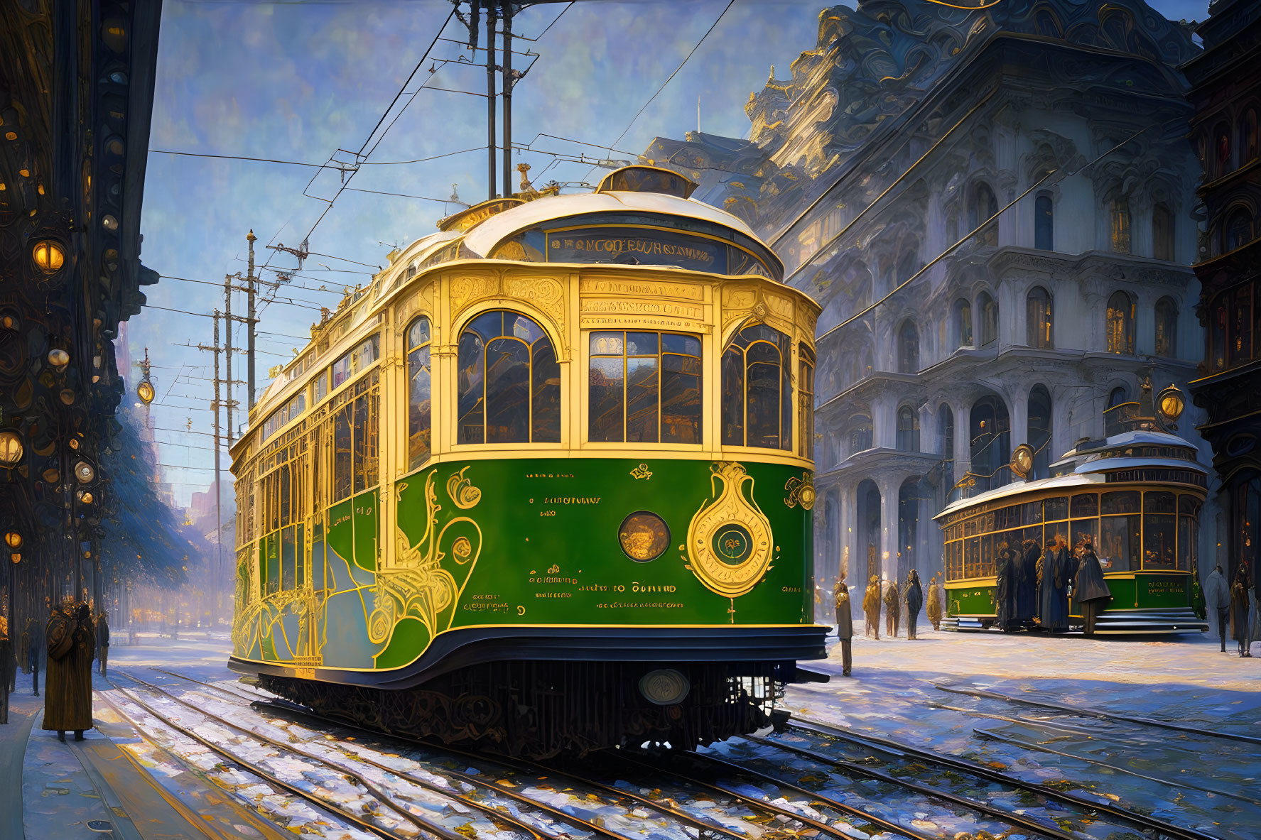 Vintage Green Tram on Snowy City Streets with Passengers