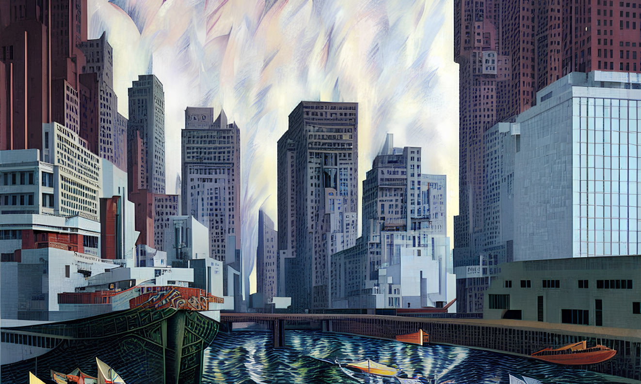 Cityscape with skyscrapers, bridge, boats, and dynamic sky.