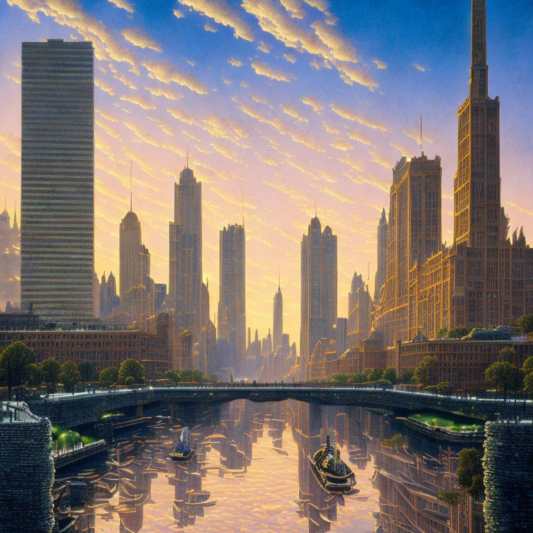 Tranquil cityscape at sunset with golden sky, reflecting skyscrapers, and gentle river boats