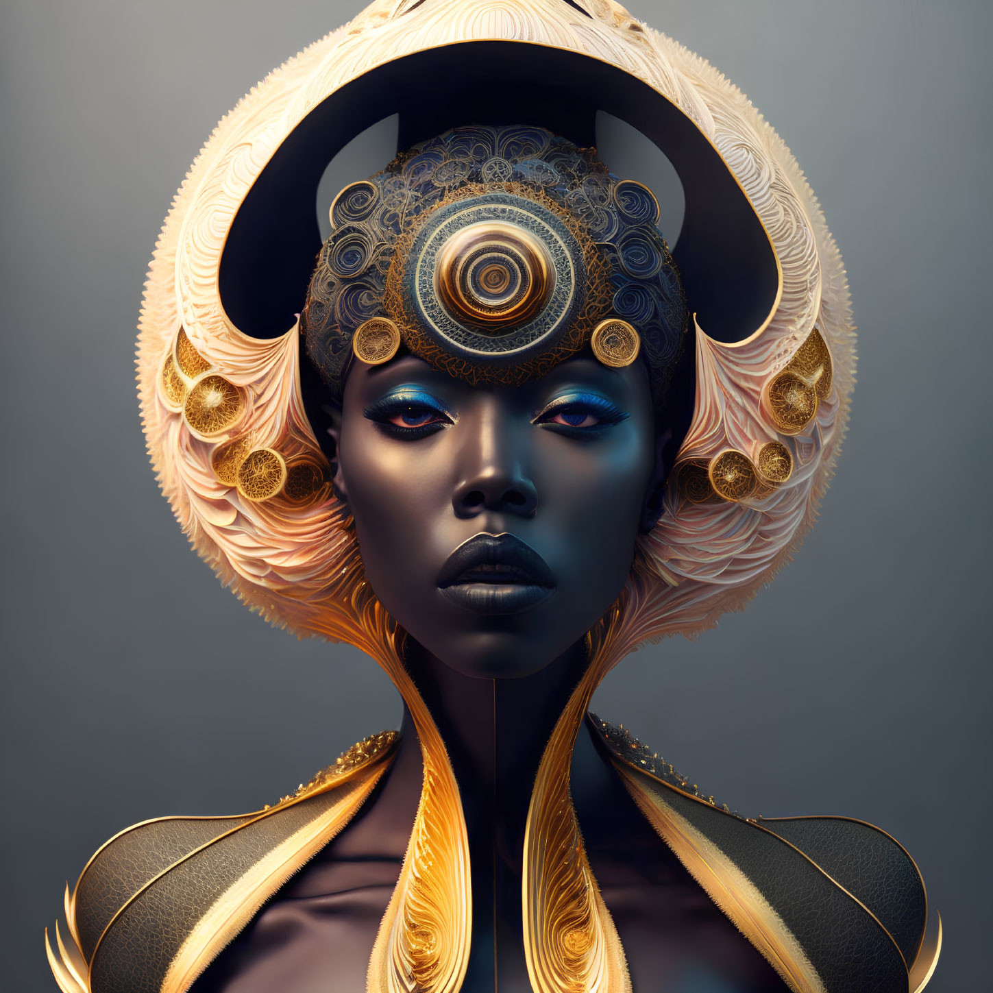 Blue-skinned female figure with ornate gold and black headdress and striking blue lips