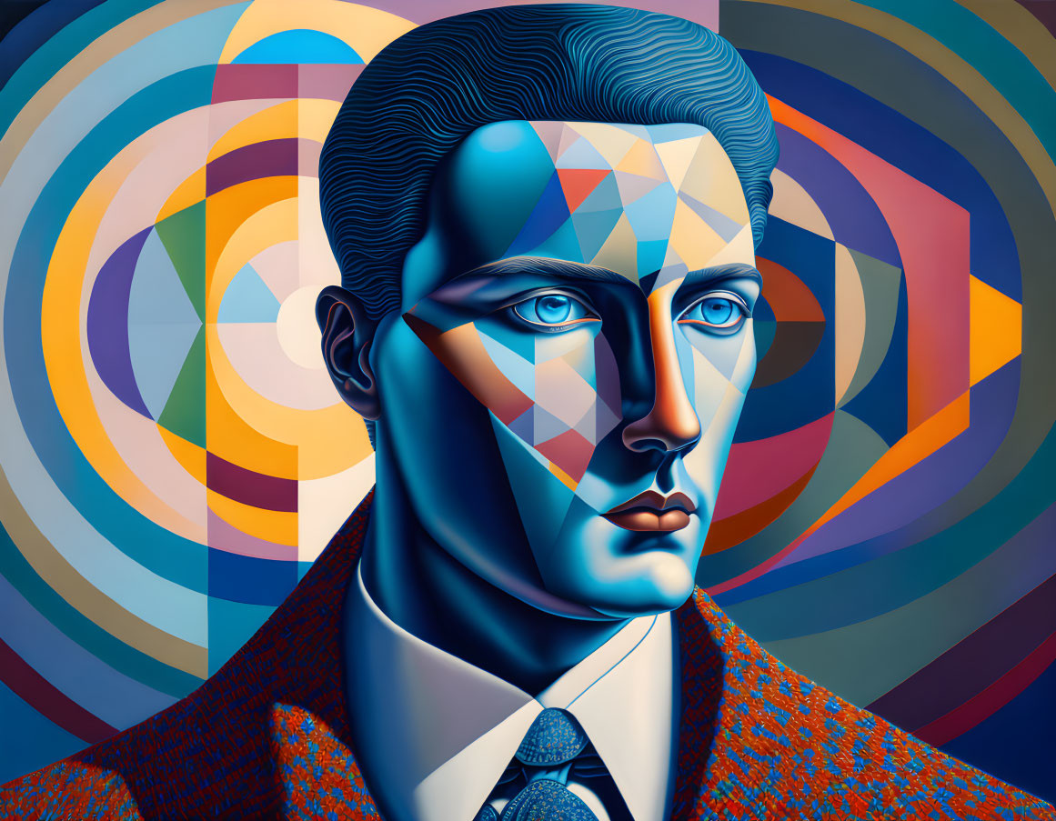 Colorful Cubist Art Deco Portrait of Man with Intense Gaze