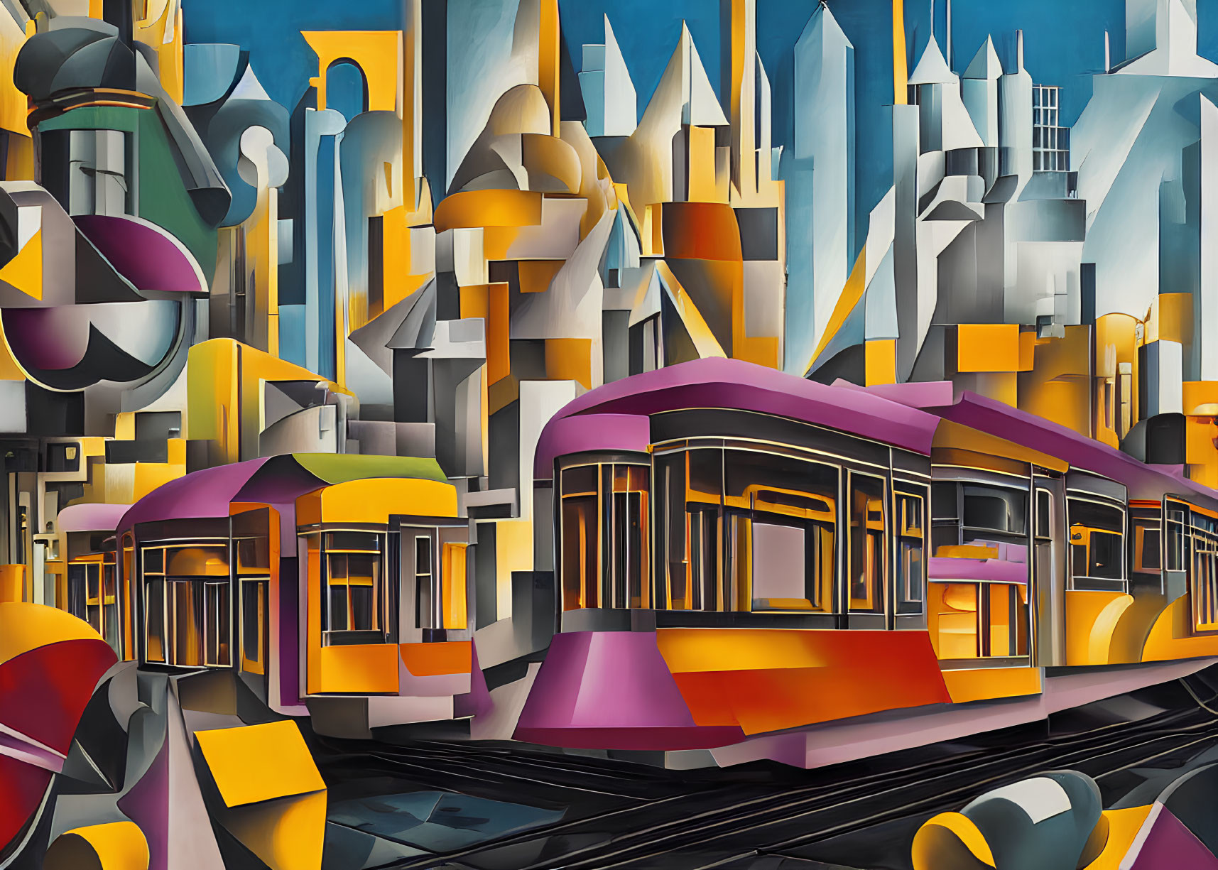 Vibrant Cubist painting of colorful streetcars and geometric city structures