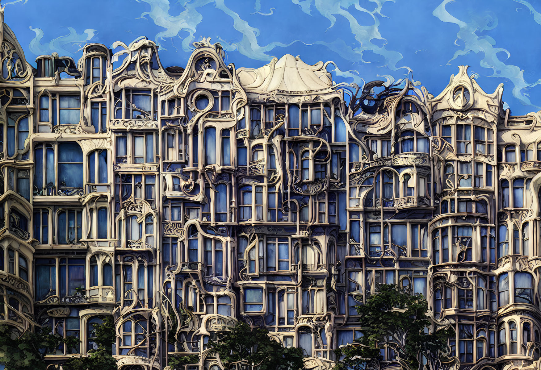 Surreal distorted building facade with ornate fluid architecture on blue sky