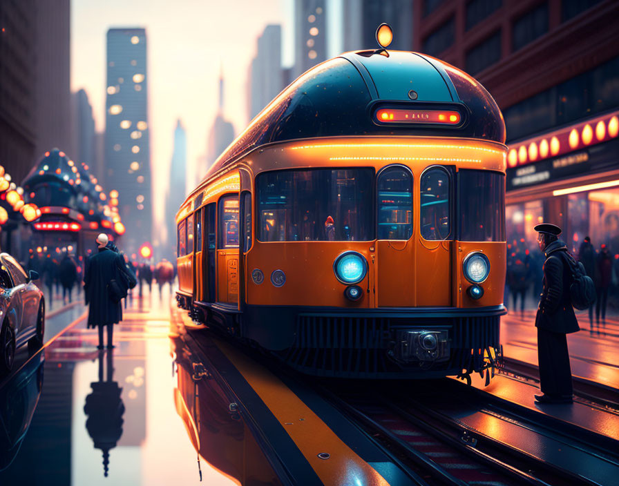 City street scene: Vintage tram, pedestrians, neon lights at dusk