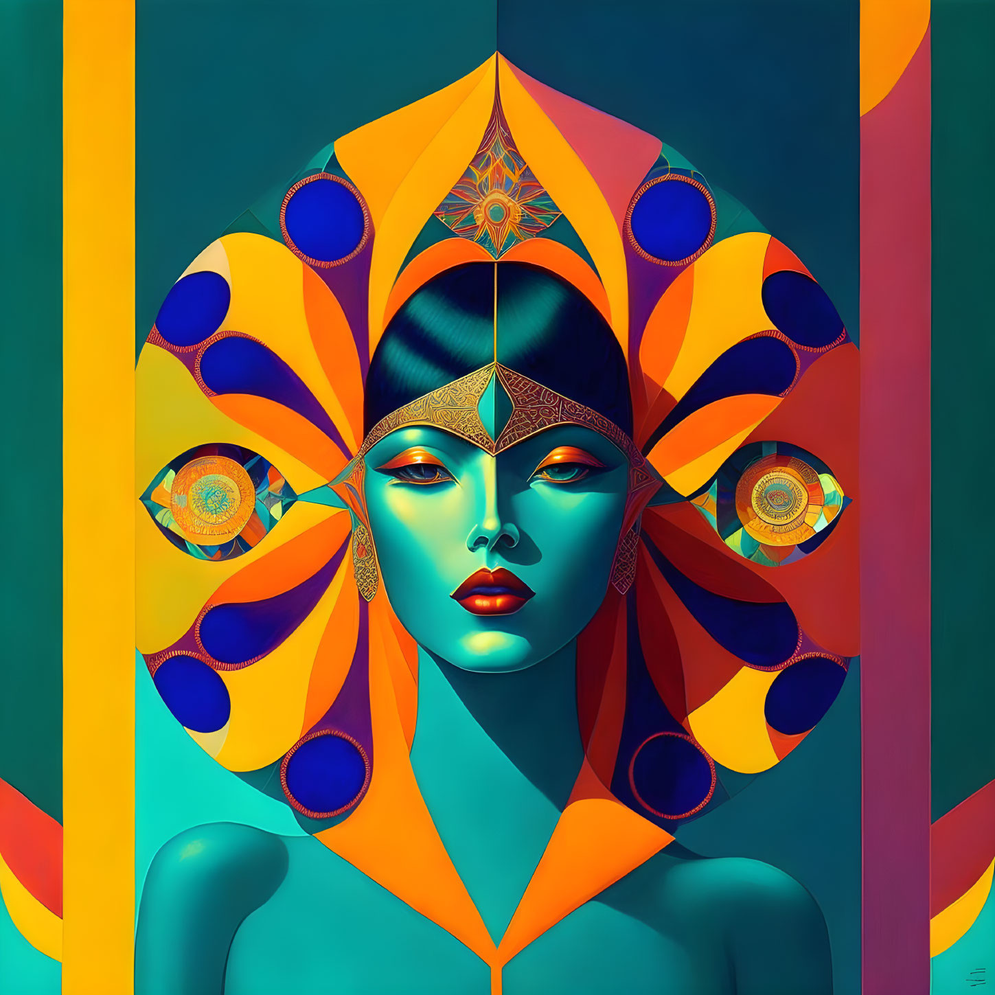 Symmetrical Artwork of Stylized Female Figure with Elaborate Headpiece and Blue Skin