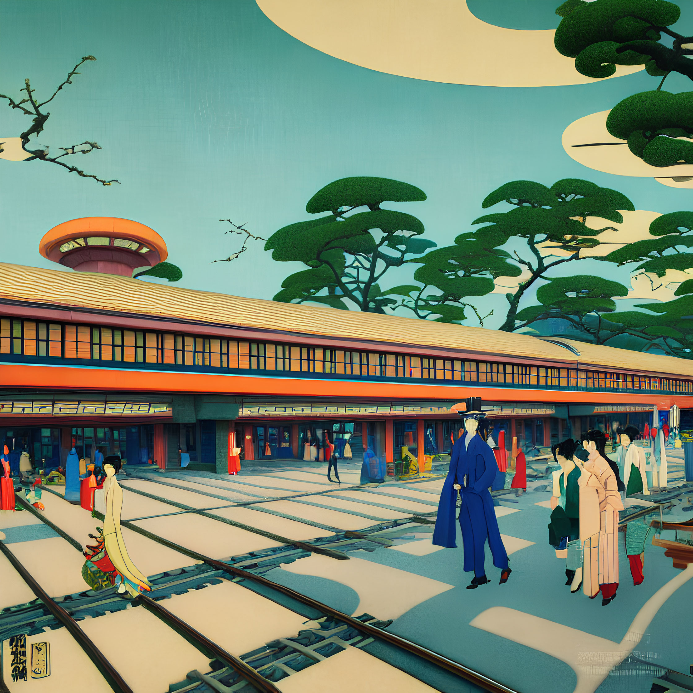 Digital art: Traditional Japanese train station scene with historical attired people under stylized trees and blue skies