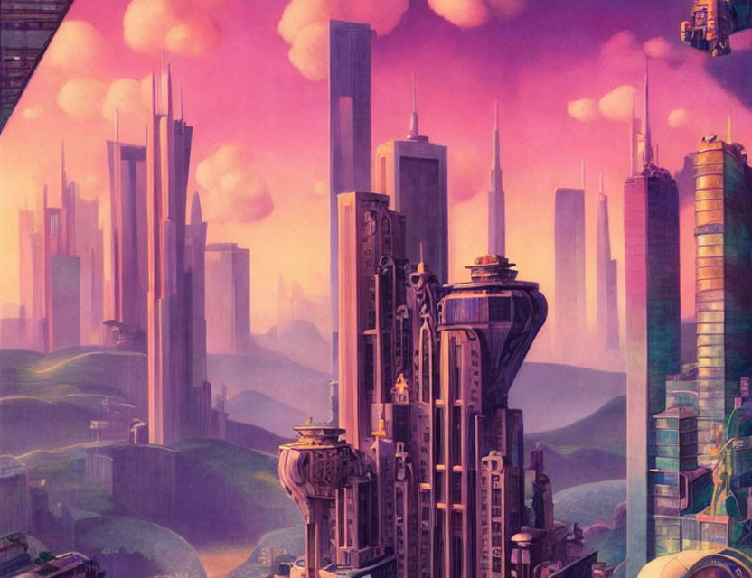 Twilight futuristic cityscape with towering skyscrapers