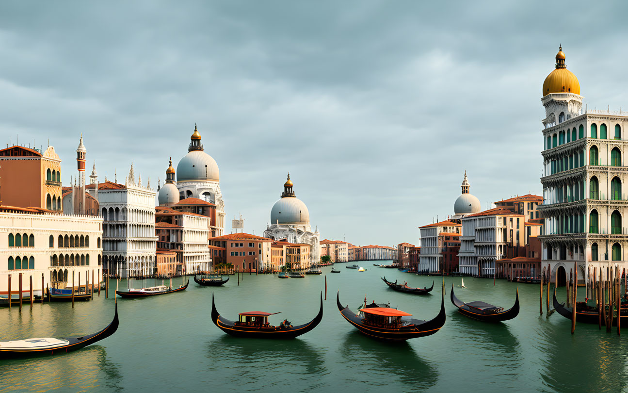 Historical buildings and gondolas on Grand Canal in Venice