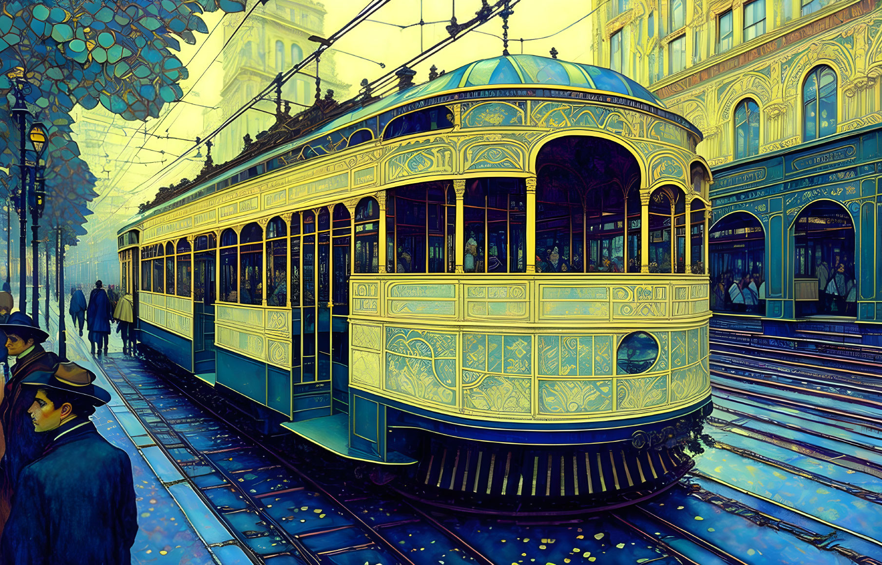 Illustrated vintage tram scene with pedestrians in early 20th-century attire