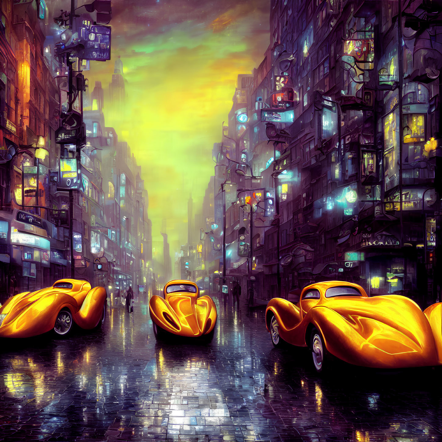 Futuristic city street at dusk with wet cobblestone, yellow concept cars, and neon signs