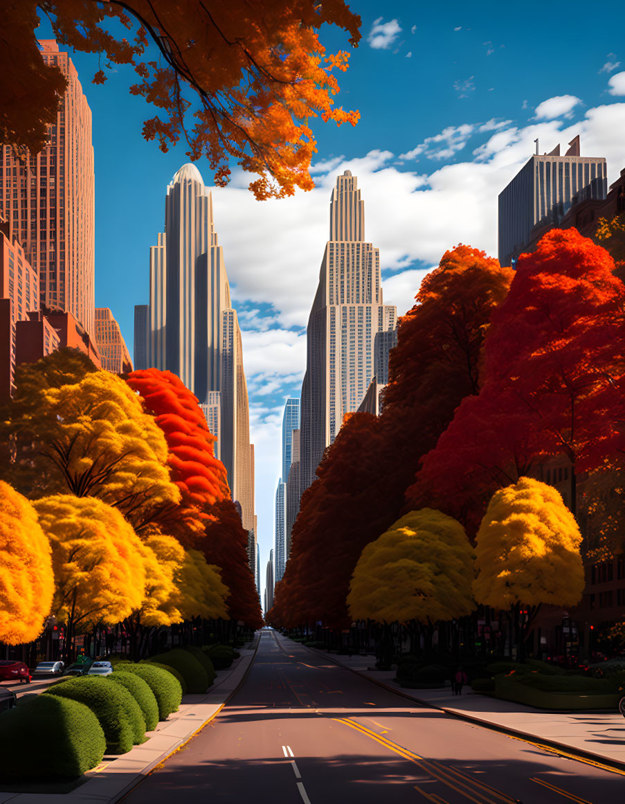 Autumn city street with red and yellow trees and modern skyscrapers