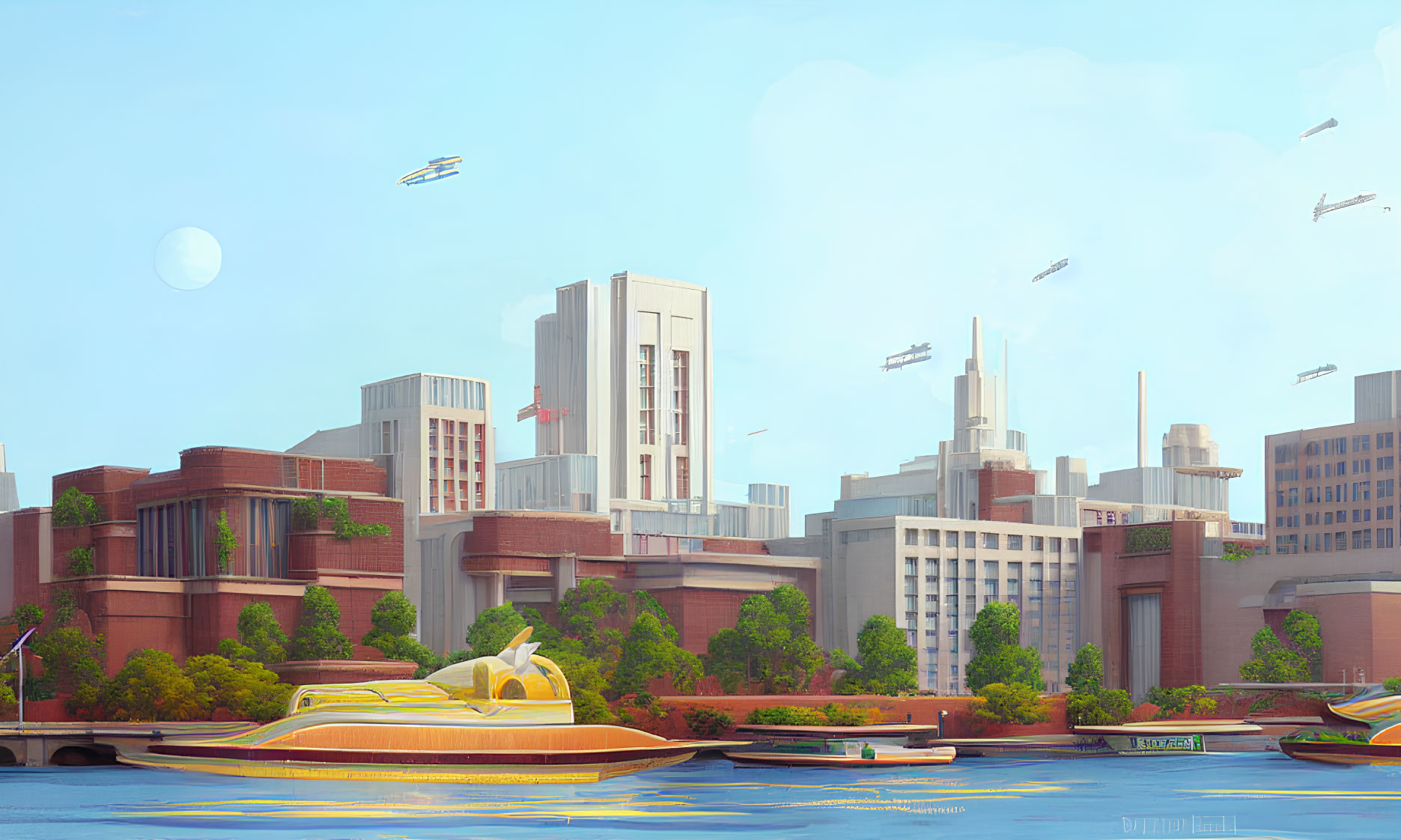 Futuristic cityscape with sleek buildings, flying vehicles, and river boats under clear sky