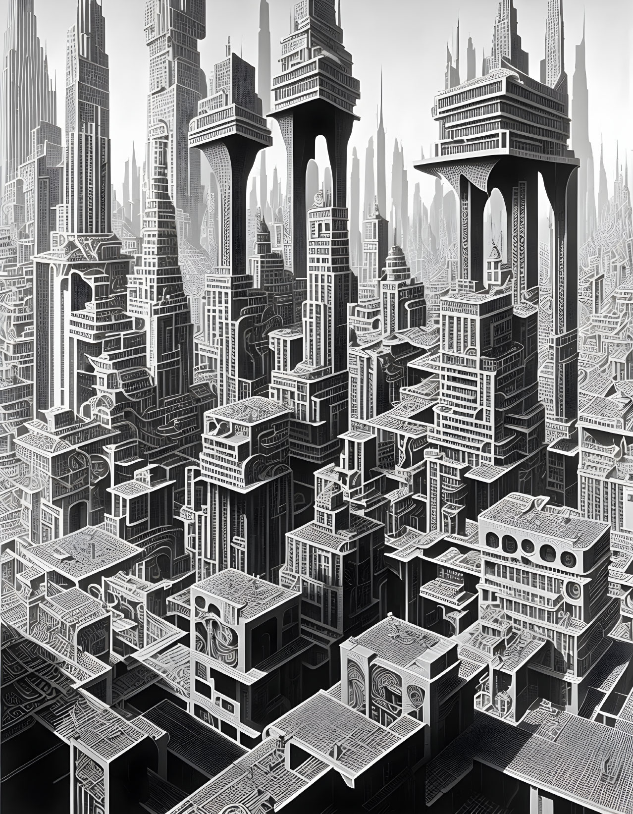 Monochromatic futuristic cityscape with towering skyscrapers