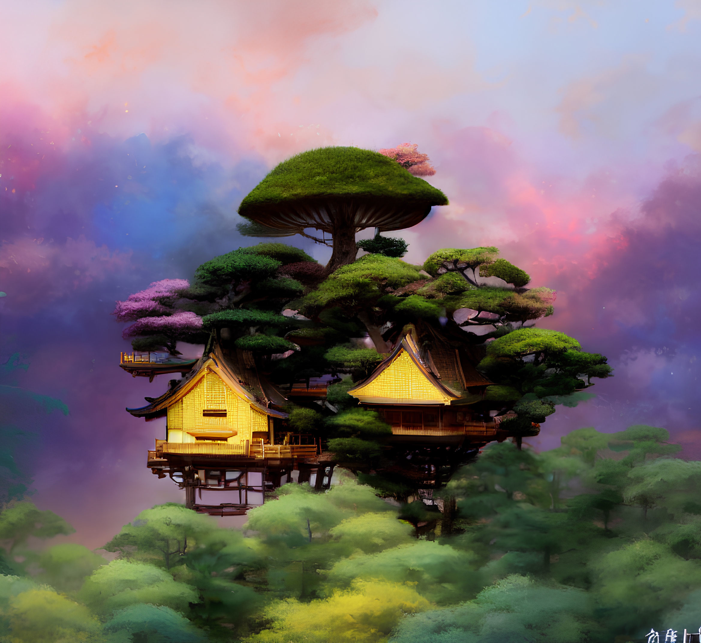 Fantastical image of Japanese house in oversized bonsai tree forest