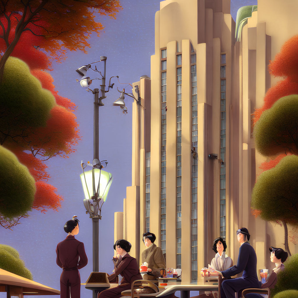 Illustrated outdoor dining scene by art deco building with autumn trees and lamppost under warm sky