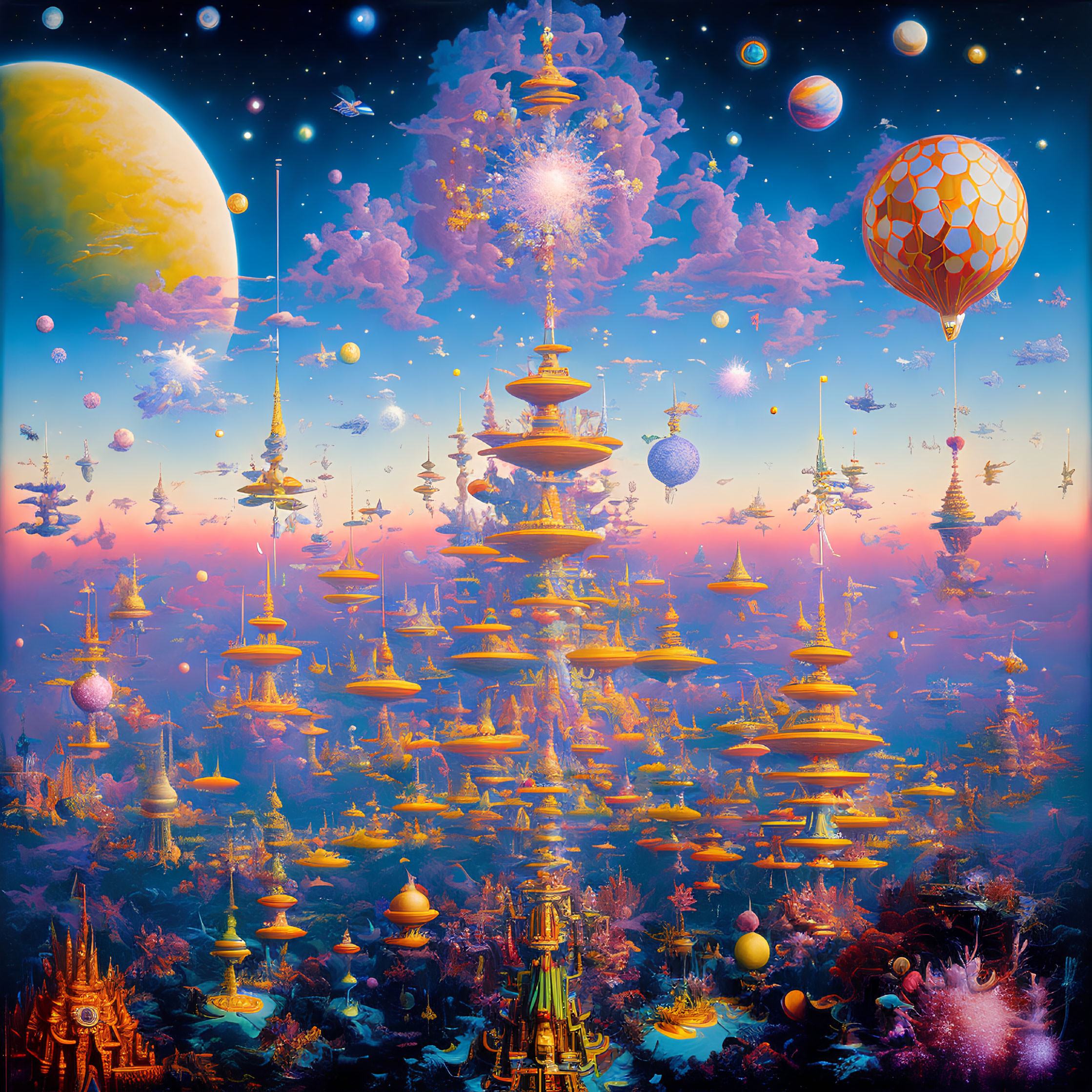 Colorful fantasy artwork with towers, hot air balloons, planets, moon