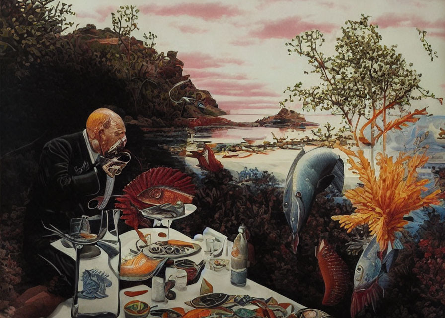 Elderly man dining by the sea with two human-like fish conversing