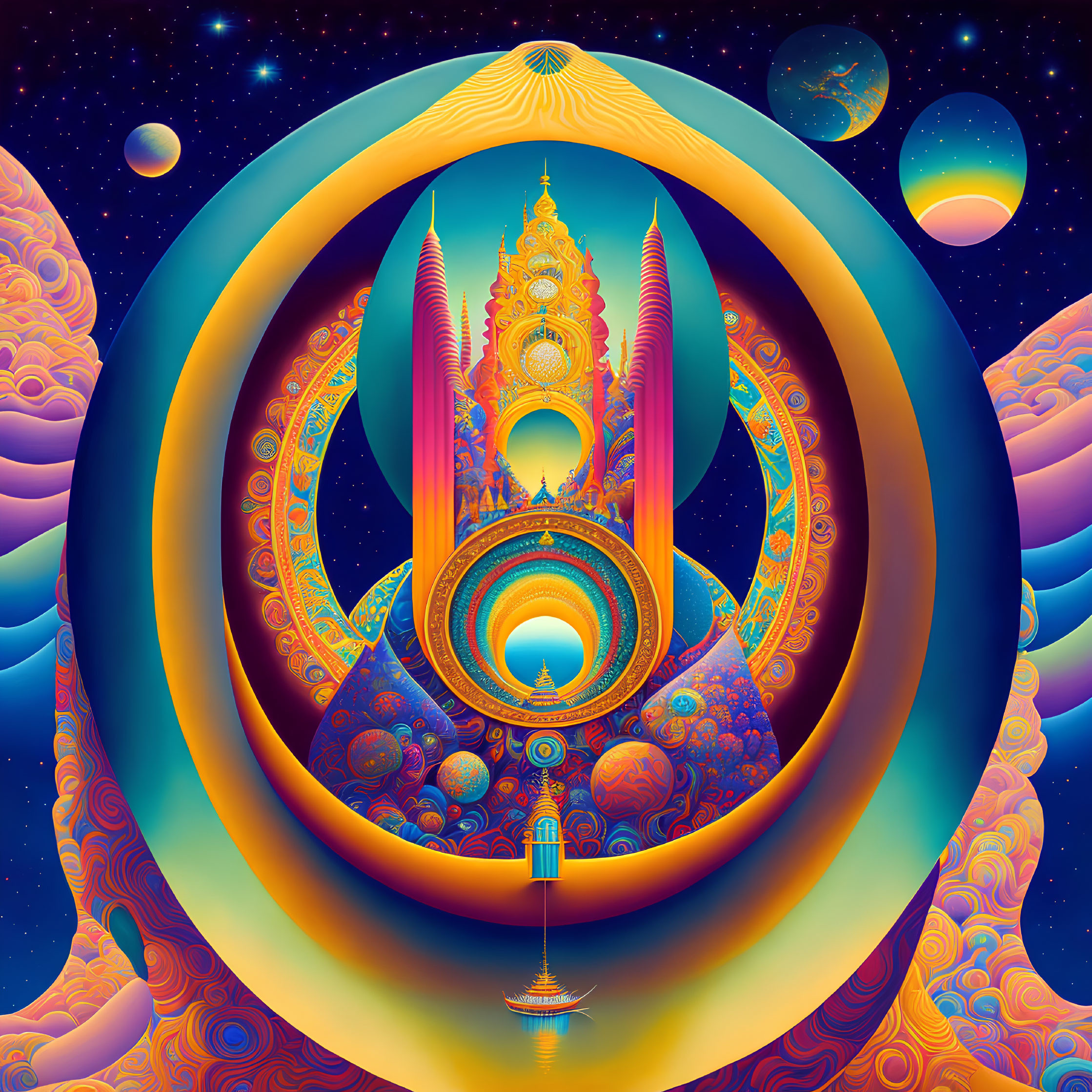 Colorful Psychedelic Circular Frame with Cosmic Elements and Glowing Portal