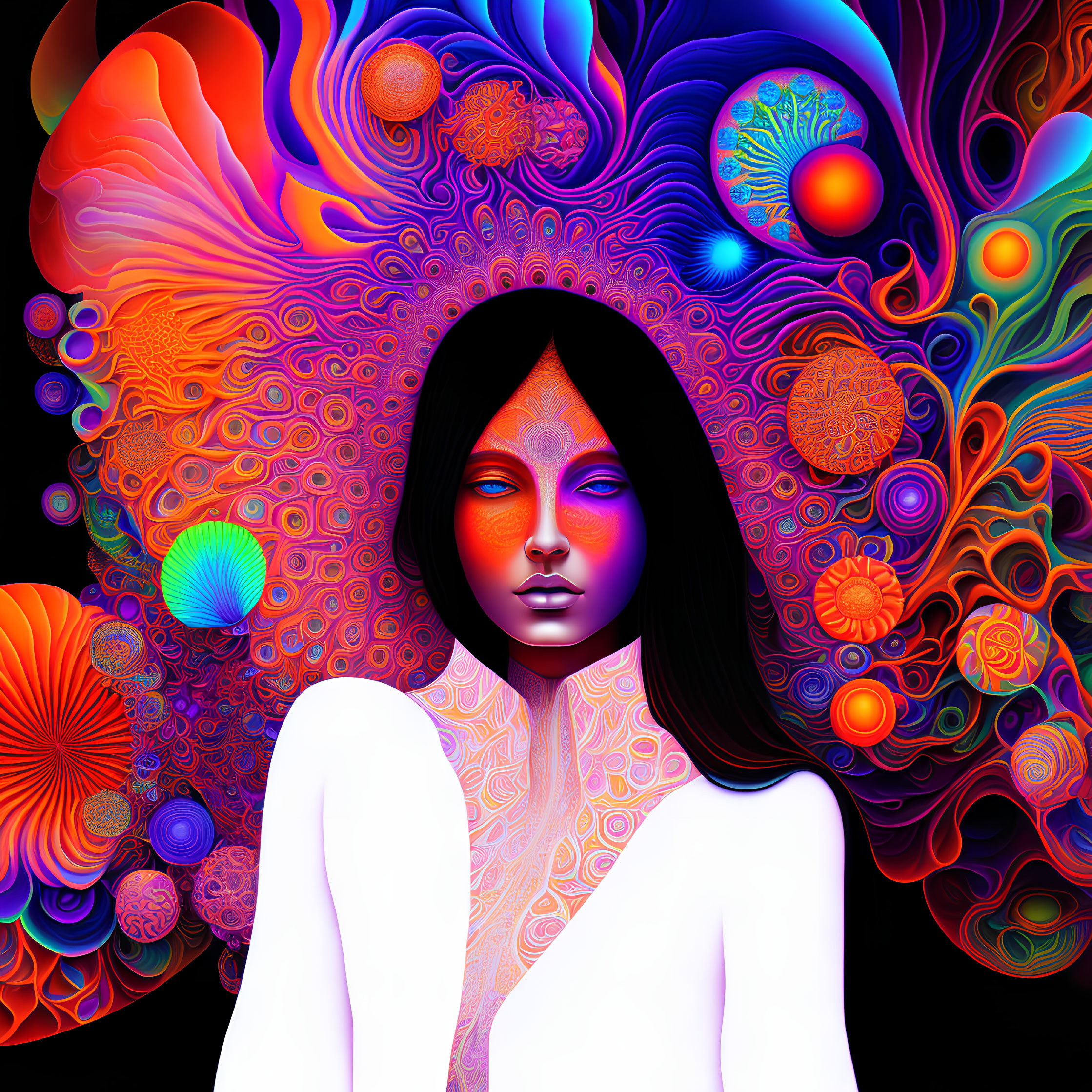 Colorful digital artwork: Dark-skinned female in white top amidst psychedelic patterns